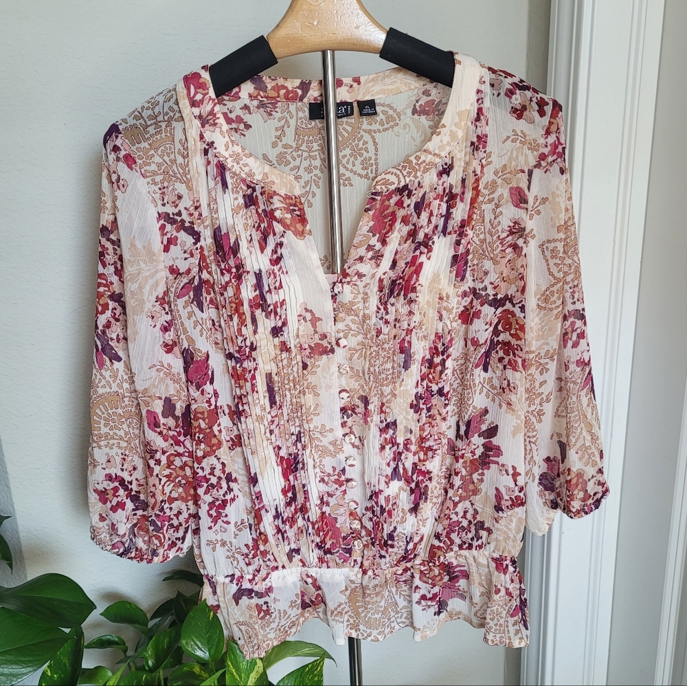 a.n.a Floral Boho V-Neck Button-Front Peplum Blouse Top - 3/4 Sleeve - SZ: PL